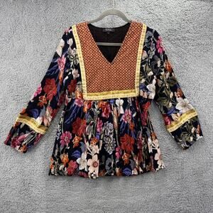 Anthropologie RD & koko Large Blouse Boho Multi Fabric Long Sleeve Floral EUC